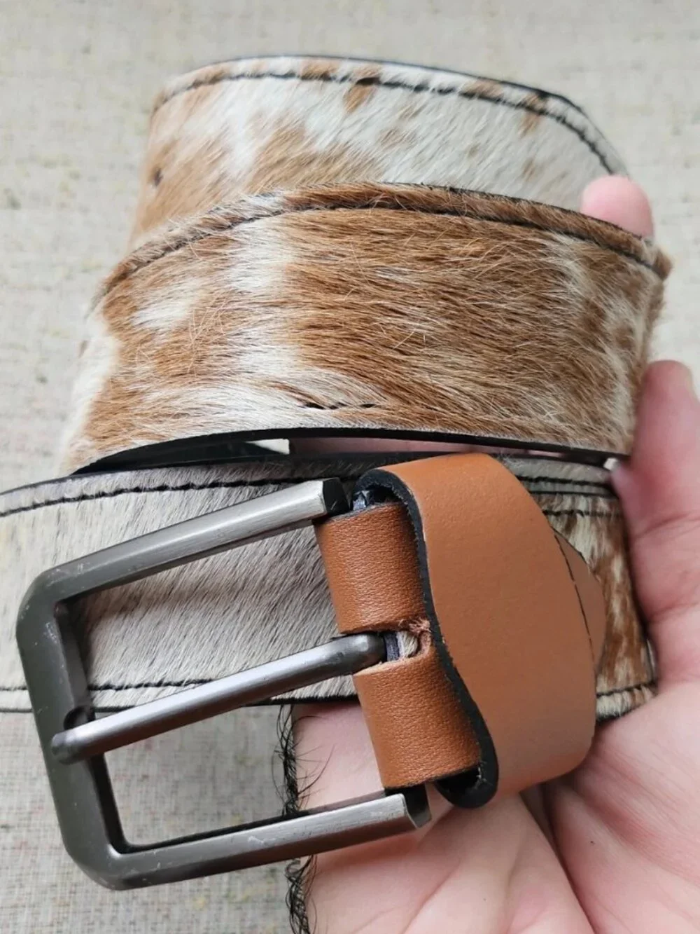 Handmade Belt Real Fur Brown/White Hair Waistband Pin Buckle Unisex Handmade